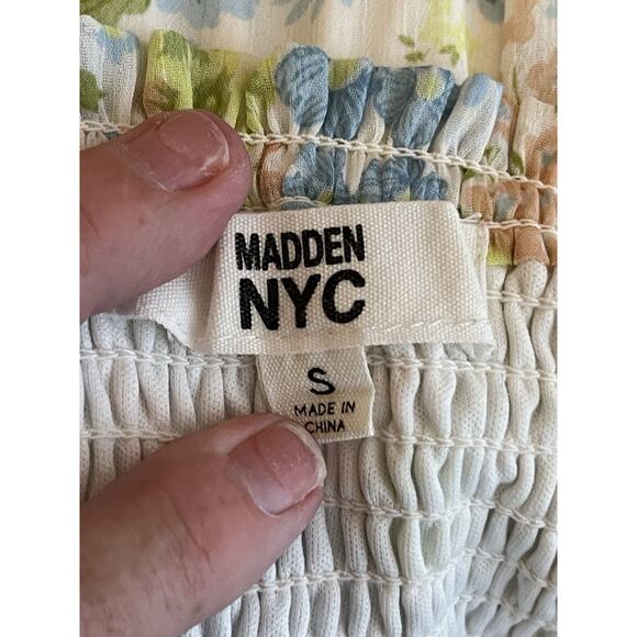 Maden NYC Junior's Green and Blue Floral Smocked Cut-out Mini Dress Puff Sleeve - Picture 10 of 12